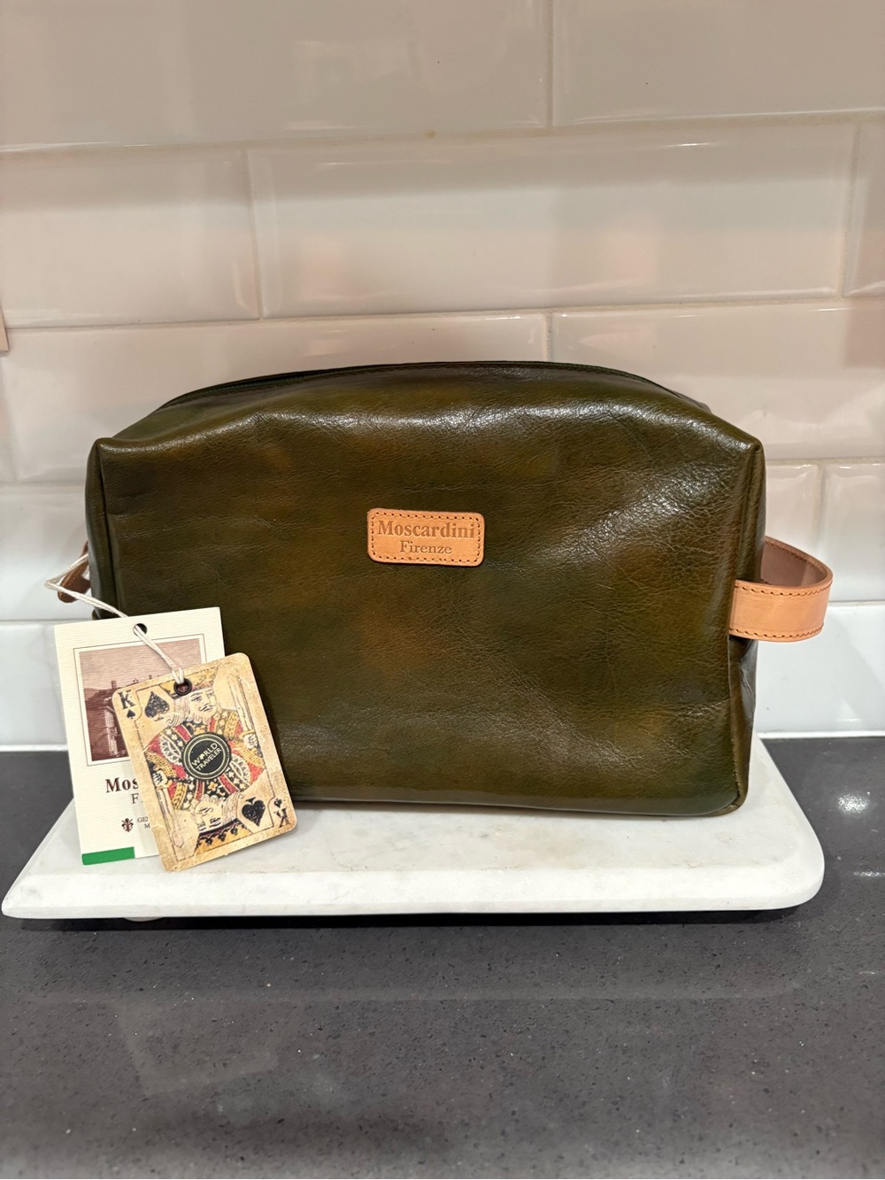 Olive Green Leather Toiletry Bag Italy
